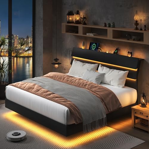 Feonase Floating Bed Frame King with Led Lights and Charging Station, Wood Full Size Bed Frame with Storage Headboard, Heavy Duty Metal Slats, No Box Spring Needed, Easy Assembly,Black