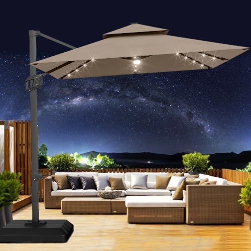 10' x 10' Heavy Duty Cantilever Patio Umbrella with Solar LED Lights & Weighted Base, 2-Tier Square Aluminum Offset Outdoor Umbrella with 360-Degree Rotation for Backyard, Deck, Pool, Tan