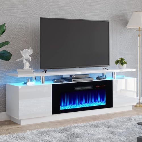 AMERLIFE Fireplace TV Stand with 36" Fireplace, 70" Modern High Gloss Fireplace Entertainment Center LED Lights, 2 Tier TV Console Cabinet for TVs Up to 80", Ivory White