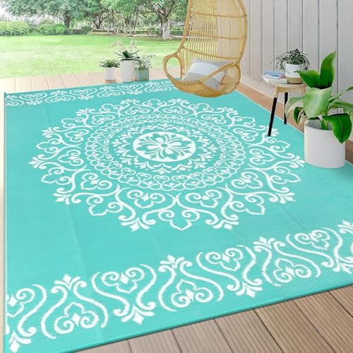 Pauwer Waterproof Outdoor Rug 6x9, Reversible Plastic Straw Patio Camping Rug, Indoor Outdoor RV Mat Carpet for Deck, Camper, Porch, Balcony, Backyard, Picnic, Floral Light Blue