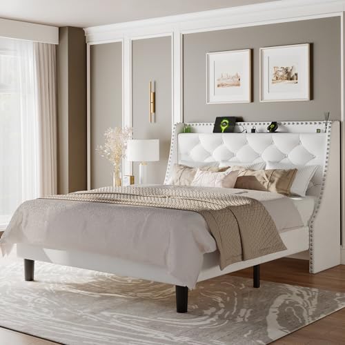 Feonase Velvet Queen Bed Frame with Luxury Wingback and Fast Charging Station, Upholstered Button Tufted Storage Headboard Platform Bed, Sturdy Wooden Slats Support, Easy Assembly, Noise-Free, White