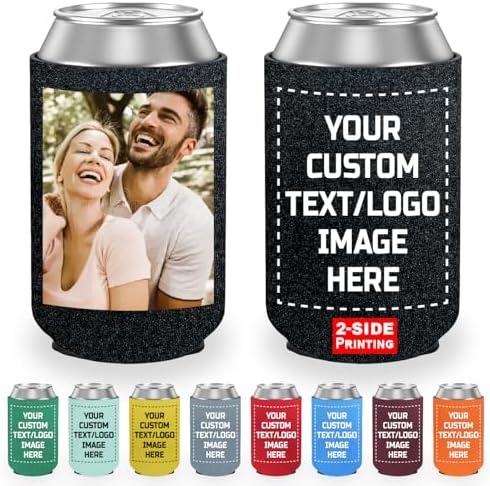 Custom Bulk Beer Can Coolers | Personalized Image Text on Insulated Beverage Bottle Holder Sleeves | Design your own | Perfect for Wedding Reunions Birthdays Parties (50)