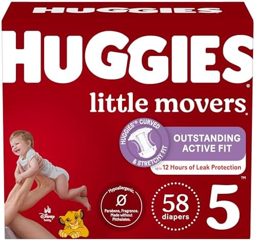 Huggies Size 5 Diapers, Little Movers Baby Diapers, Size 5 (27+ lbs), 58 Count, Packaging May Vary