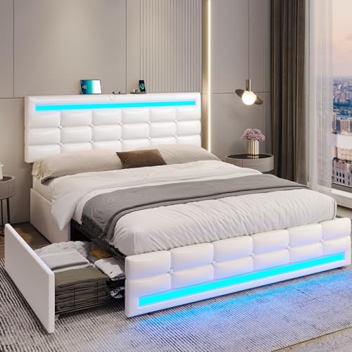 ADORNEVE Queen Bed Frame with Drawers, LED Bed Frame with Charging Station, Pu Leather Platform Bed Frame Queen Size with Storage & LED Lights Headboard Footboard, No Box Spring Needed, White
