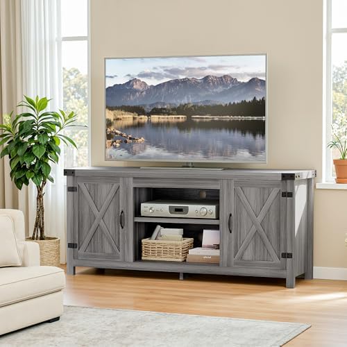 YESHOMY Modern Farmhouse TV Stand with Two Barn Doors and Storage Cabinets for Televisions up to 65+ Inch,Entertainment Center Console Table,Media Furniture for Living Room, Grey