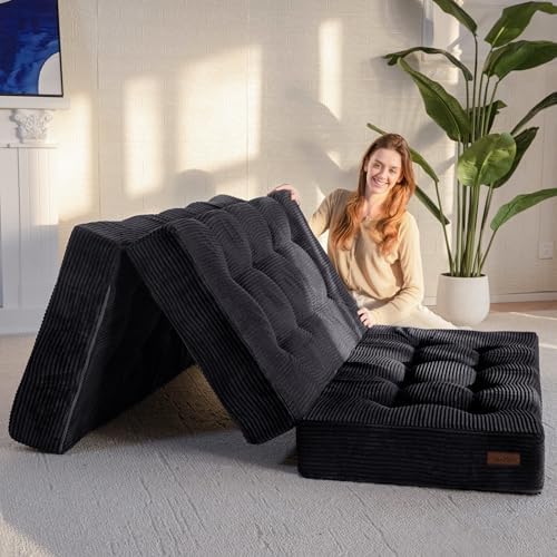 MAXYOYO Tri-Fold Mattress, 6 Inch Tufted Folding Mattress Full Foam Bed, Foldable Floor Couch Guest Bed Topper Portable Camping Sleeper with Corded Fabric, Black, 53"x75"