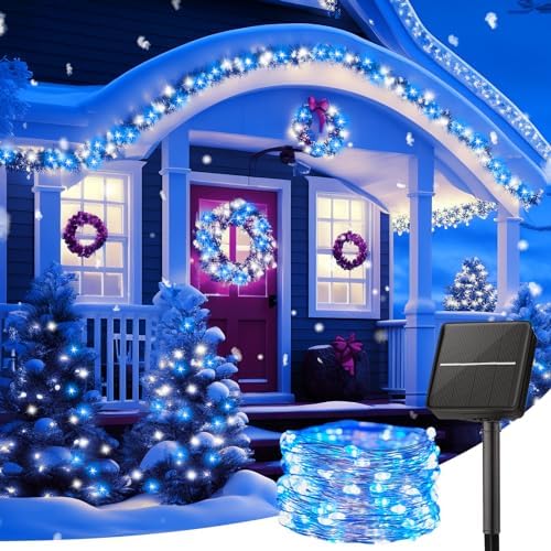 Brightown Solar String Lights, 2 Packs Total 66Ft 200 LED Fairy Lights with 8 Modes, Waterproof for Outside Patio Yard Tree Wedding Christmas (Blue and White)