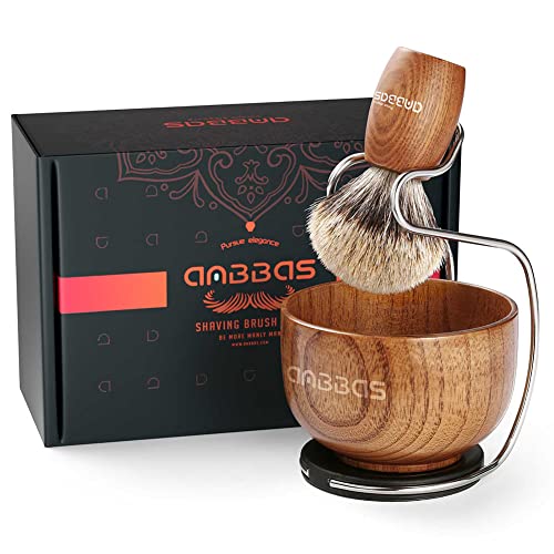 Anbbas Pure Badger Hair Shaving Brush Wood Handle and Large Soap Bowl with Stainless Steel Shaving Stand 3in1 Kit for Men