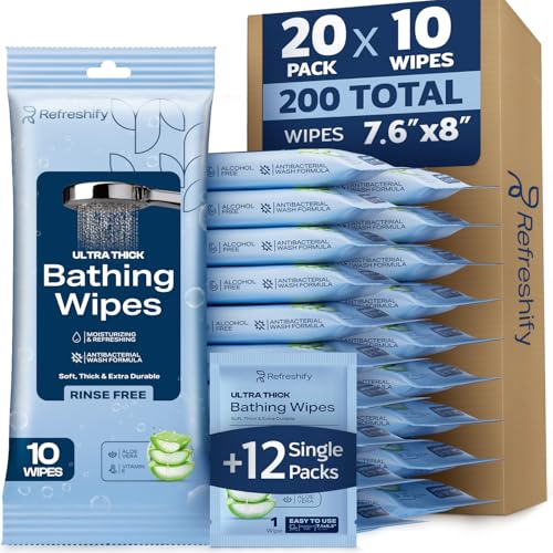 Ultra Thick Shower & Bathing Wipes | Shower & Bath Alternative | Body Wipes for Adults Bathing No Rinse | Microwavable with Aloe & Vitamin E | 20 Packs - 200