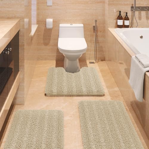 ACCUMTEK Striped Beige Bathroom Rug Set 3 Pieces Ultra Soft, Non Slip Chenille Toilet Mat, Absorbent Plush Shaggy Bath Mats for Bathroom, Bedroom, Kitchen