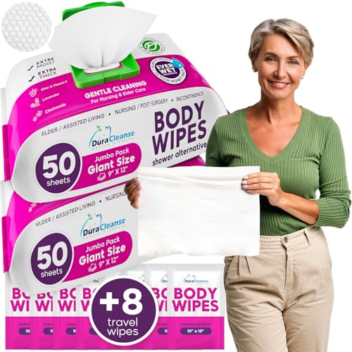 XL Bath Wipes for Adults Bathing No Rinse (2pk) - 100 Ct. + 8 Travel Body Wipes - 9"x12" Adult Disposable Washcloths for Elderly Incontinence - After Surgery Must Haves Supplies & Elder Care Products