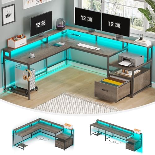 SEDETA L Shaped Desk, 66" Home Office Desk with File Drawer and Power Outlet, Corner Computer Desk with Monitor Shelf, Printer Storage Shelves, Gaming Desk with Led Lights, Two Person Desk, Walnut