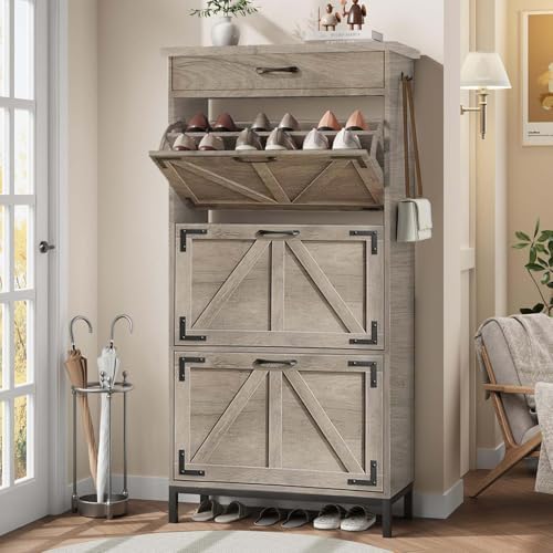 Shoe Cabinet Storage for Entryway with 3 Flip Drawers and 1 Top Drawer, Freestanding Hidden Narrow Shoe Cabinet with Metal Legs for Foyer, Hallway (Grey)