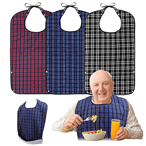 Adult Bibs, 3 Pcs Washable Clothing Protector with Crumb Catcher for Eating, Reusable Waterproof Large Feeding Adult Bibs for Men Women Elderly Senior, Black/Red/Blue