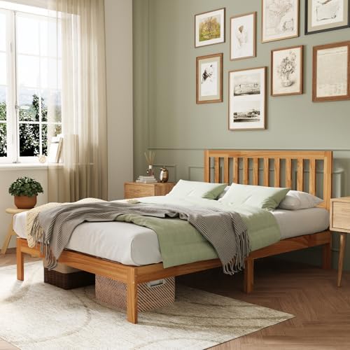 Novilla Queen Bed Frame with Headboard, Solid Wood Bed Frame Foundation with Wood Slat Support, No Box Spring Needed, Easy Assembly