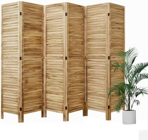 Room Partitions and Dividers Temporary Wall with Double Hinges, 5.6 Ft Tall Folding Louver Wood Screen for Home Office Bedroom Decoration (6 Panels, Natural Color)