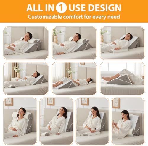 3PCS Wedge Pillow Set for After Surgery, Wedge Pillow Headboard, Adjustable 9&12 Inch Sleeping Wedge, Acid Reflux, Orthopedic Pillow Wedge for Back Pain Relief, Gerd, White/Grey