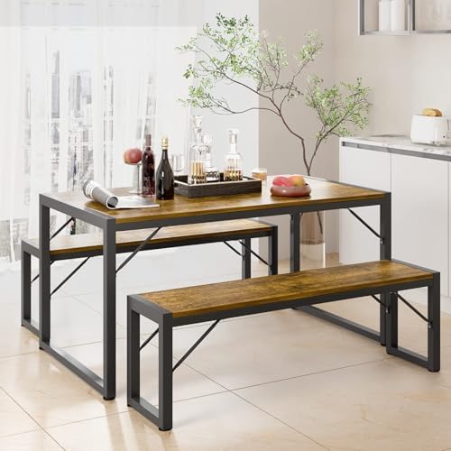 Gizoon 45.5" Dining Table Set for 4 with 2 Benches, Kitchen Table Set with Metal Frame & MDF Board, Space-Saving Dinette for Kitchen, Dining Room -Retro