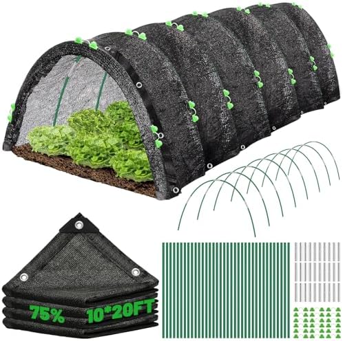 10 X 20FT 75% Garden Shade Cloth with Hoops,Plant Shade Cloth Garden Greenhouse Grow Tunnel for Heat Protection,Raised Bed Row Cover Black Netting Tarp for Outdoor Outside Patio Chicken Coops
