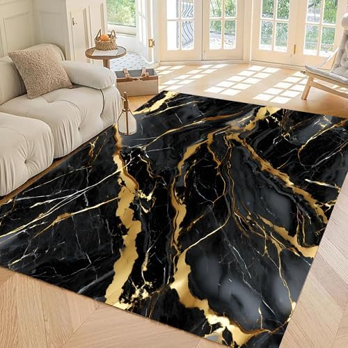 Marble Rugs for Living Room: 6x9 Feet Abstract Black and Gold Marble Area Rug Non Slip Washable Carpet Floor Mat for Bedroom Dorm Kitchen Classroom Dining Room Hallway