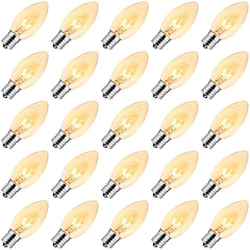 Brightown 25 Pack C9 Incandescent Light Bulbs, Christmas C9 Replacement Bulbs for Christmas String Lights, Christma Tree, Indoor Outdoor Holiday Decor, E17 Intermediate Base, 7 Watts, Clear