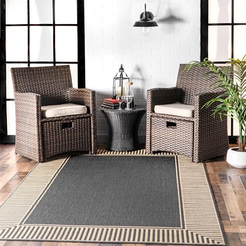 nuLOOM 9'6" x 12' Outdoor Area Rug, Casual Design With Striped Border, Stain Resistant, Highly Durable, For Patio, Balcony, Bedroom, Living Room, Dining Room, Bathroom, Dark Grey