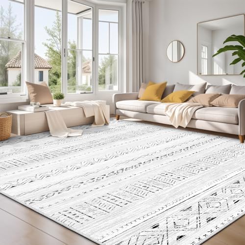 Large Living Room Area Rug 9x12: Soft Machine Washable Boho Moroccan Farmhouse Rugs for Bedroom Under Dining Table - Non-Slip Neutral Morden Indoor Floor Rug Carpet for Home Office Decor - Grey