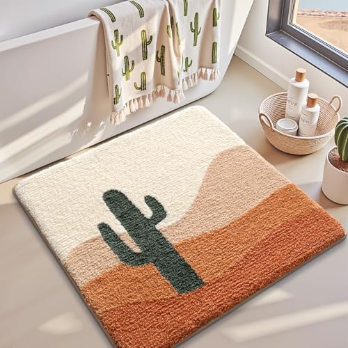 LUMI Bath Mat Rug 32"x32", Plush Non-Slip Absorbent Bathroom Mat, Ultra Soft Washable Shower Rugs, Luxury Plant Square Shaped Carpet for Floor, Bathtub, Home Decor, Cactus
