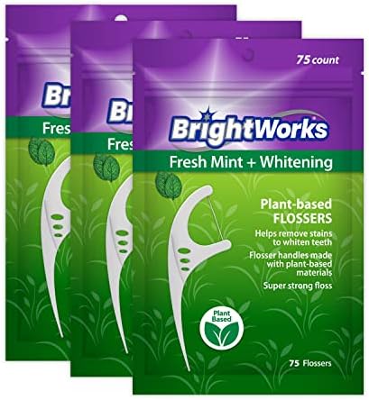 225 Piece BrightWorks Fresh Mint + Whitening Dental Flossers with Plant-Based Handles, Super-Strong Floss and Mint-Flavored Floss with Micro-Crystals, 75 Count (Pack of 3)