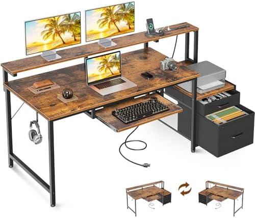 AODK Computer Desk with Drawers, 55" Office Desk with Keyboard Tray and Power Outlet, Reversible Study Work Desk with Printer Space and File Drawers Cabinet for Home Office, Vintage