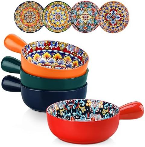 vancasso Soup Bowls with Handles, 23 Oz French Onion Soup Bowls Oven Safe, Bohemian Ceramic Soup Crocks for Cereal, Pasta, Beef Stew, Chilli, Microwave Dishwasher Safe-6.2 inch, Set of 4
