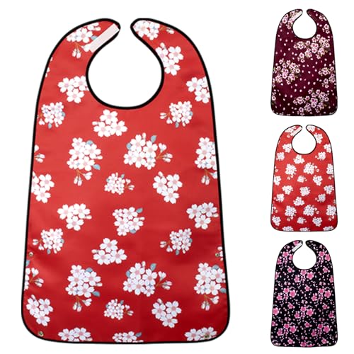 Adult Bibs,3 Packs Cherry Blossom Adult Bibs for Women Eating Washable with Crumb Catcher (Red 1 pack)