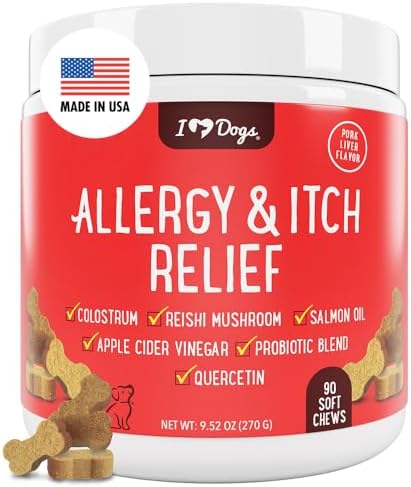 iHeartDogs Allergy & Itch Relief for Dogs with Salmon Oil, Quercetin, Colostrum, Antioxidants and Probiotics - 90 Count