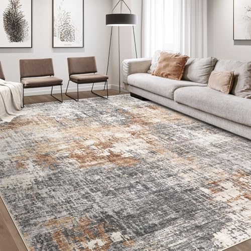 Area Rug Living Room Rugs - 8x10 Washable Large Soft Indoor Neutral Modern Abstract Low Pile Rug Carpet for Bedroom Dining Room Farmhouse Home Office - Grey Brown