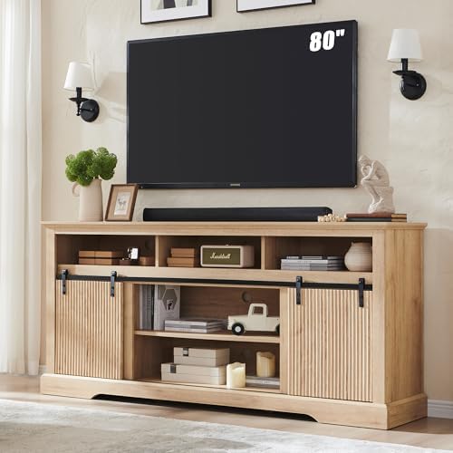 Fluted TV Stand for 80 Inch TVs, 32" Modern Entertainment Center with Waveform Panel Sliding Door, Media Console Cabinet w/Storage, Soundbar & Adjustable Shelf for Living Room, 70 inch (Natural)