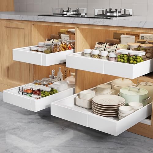 4 Pack Pull Out Cabinet Organizers 21" Deep With Raising Pad for Framed Cabinets, Expandable Width (9"-14") Slide Out Drawers Upgrade 3 Slide Rails, Roll Out Shelves Adhesive, White