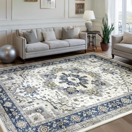 Area Rugs for Living Room 9x12 - Large Machine Washable Vintage Oriental Soft Rug, Low Pile Thin Carpet with Non Slip Backing for Bedroom, Dorm, Under Dining Room Table, Indoor House, Office Decor