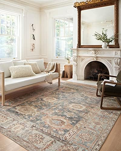 Loloi Margot Collection MAT-03 Ocean/Spice 5'-0" x 7'-6" Area Rug, No-Shed Easy Clean Large Patterned Area Rug for Living Room, Bedroom, Dining Area
