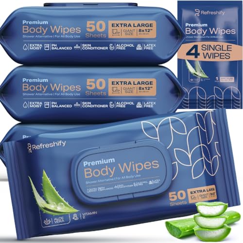 XL Aloe Vera Shower Body Wipes for Adults 8" x 12" (200 count) Adult Wipes for Elderly, Shower Body for Adults Bathing No Rinse, Vitamin E +4 Travel