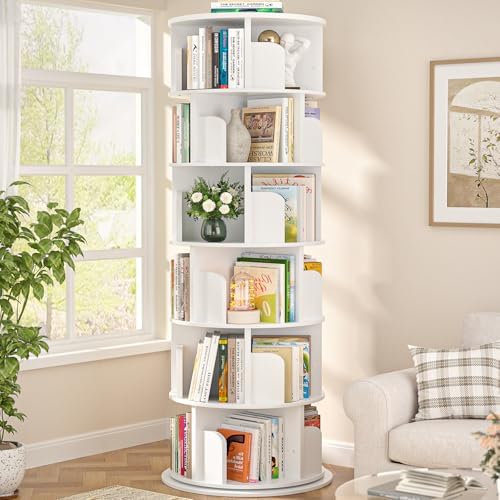 Aheaplus 6 Tier Rotating Bookshelf, Wood Spinning Bookshelf Tower, Round Revolving 360 Bookcase, Narrow Turning Book Shelf Rolling Corner Organizer for Small Space, Bedroom, Office, White
