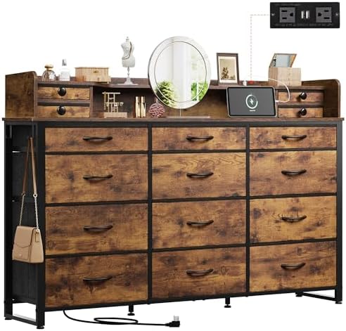WLIVE 55''W Storage Organizer Unit with Charging Station, Storage Drawers Organizer with 16 Fabric Drawers & 3 Open Shelves, Large Storage Tower Organizaton for Living Room, Hallway, Rustic Brown