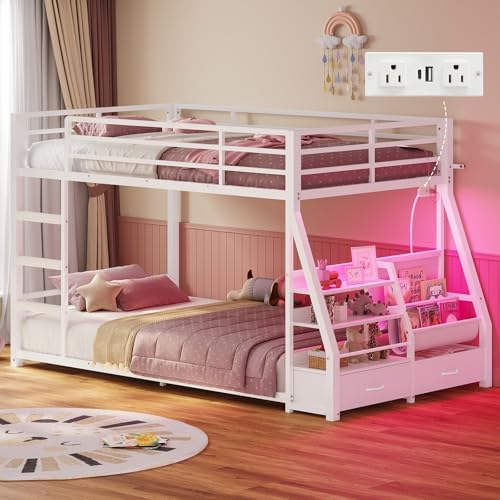 ADORNEVE Low Bunk Bed Twin Over Twin with Sling Bookshelves, Storage Drawers & Power Outlet, LED Metal Floor Bunk with Full-Length Guardrail & Metal Slats, No Box Spring Needed, for Kids, White