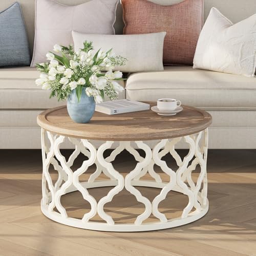 karlott Farmhouse Coffee Table, French Country Round Coffee Table with Distressed Tray Top, Coastal Coffee Table with Curved Motif Frame Base, Boho Coffee Table for Living Room, Dining Room, Bedroom