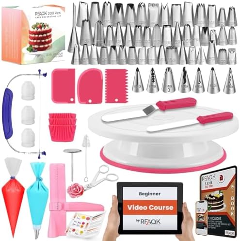 RFAQK 200PCs Cake Decorating Kit for Beginners with Turntable for Decoration - Piping Bags and Tips Set (110+55), Straight & Offset Spatula, Leveler, Video Course, Pattern Chart & More Baking Supplies