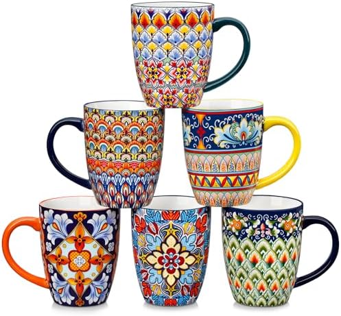 vancasso 16 oz Coffee Mugs Set of 6, Large Ceramic Mug with Handle, Boho Coffee Cups for Latte, Cappuccino & Hot Chocolate, Dishwasher & Microwave Safe Gift Set, Series SIMI
