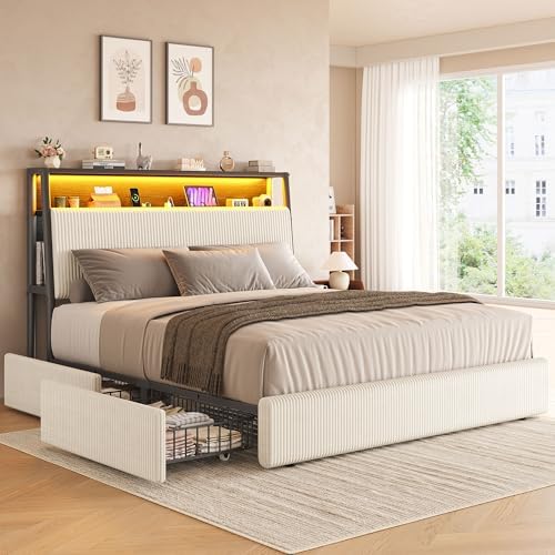 Upholstered Queen LED Bed Frame with 2 Storage Drawers and Charging Station, Corduroy Platform Bed with 3-Tier Storage Bookcase Headboard, Heavy Duty Metal Support, No Box Spring Needed - Beige