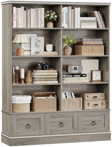 HOSTACK Farmhouse Bookshelf and Bookcase, 47" Wide Bookcase with Drawers, 5 Tier Book Shelves with Storage, Large Display Shelves, 63" Tall Wood Standing Shelving Unit for Office, Study, Ash Grey