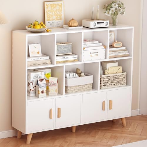 Cubby Shelf Bookcase with Doors - Wooden 11 Cube Floor Standing Open Bookshelf with Solid Wood Legs, 3-Tier Storage Cabinet, Warm White