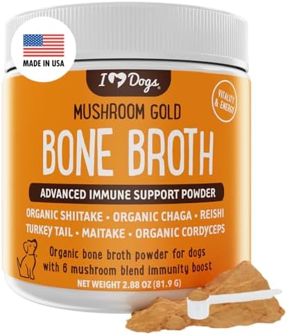 iHeartDogs Bone Broth for Dogs - Bone Broth & Mushroom Gold Powder Supplement for Immune System Support, Improved Mobility & Flexibility and Natural Detox - Turkey Tail Mushroom for Dogs