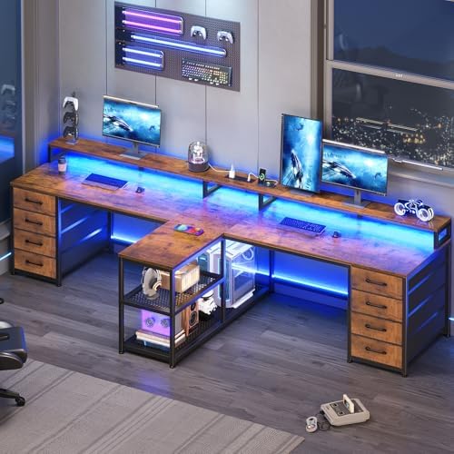SEDETA 94.5" 2 Person Gaming Desk, Long Office Computer Desk with 8 Drawers & LED Lights, Two Person Desk with Storage, Power Strip & Monitor Stand for Home Office, Rustic Brown